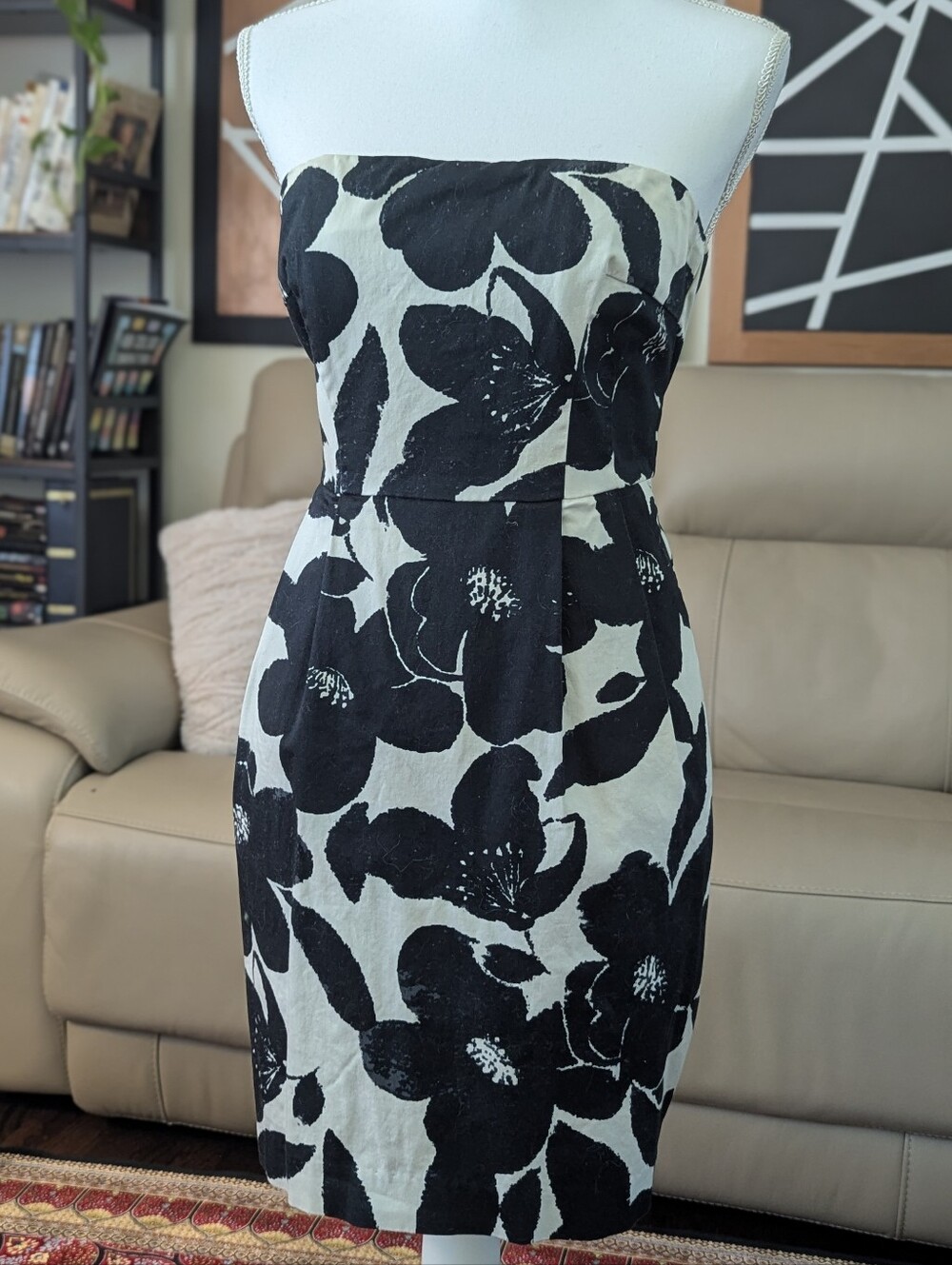 Express Design Studio Black White Floral Strapless Sheath Dress 4 Y2K Slit